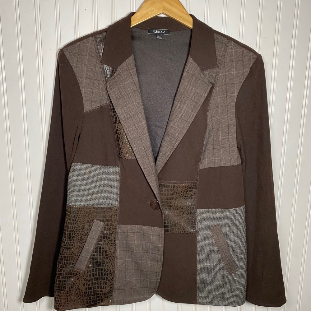 Elementz Vintage Retro Brown Mixed Media Patchwork Plaid Blazer Jacket - Large